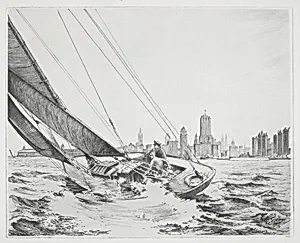 Sailboat Heeling Near a City
