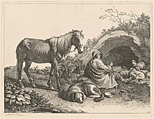 Seated Shepherd with Horse, Dog, Goats and Sheep