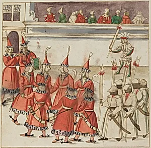 Seven Men in Red Gathered in a Circle by German 16th Century