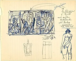 Sheet of Sketches including Triptych, Skyscrapers, and Nude Female Figure