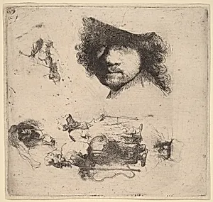 Sheet of Studies including Head of the Artist, a Beggar Couple, Heads of an Old Man and Old Woman by Rembrandt van Rijn