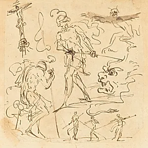 Sheet of Studies with a Soldier Drawing a Sword, a Crucifix, Monstrous Animals, and Other Figures