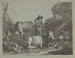Shepherd Resting on a Walking Stick with an Old Horse and a Reclining Bull