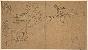 Soldiers felling sapling, and weaving saplings into baskets [verso] by Winslow Homer