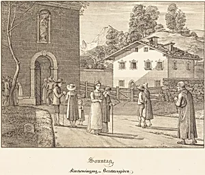 Sonntag - Kircheneingang in Berchtesgaden (Sunday - Going to Church near Berchtesgaden)