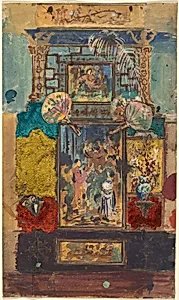 Stage Set Consisting Of Painted Panels, Fabrics, And Fans