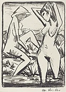 Standing Girl in Water and the Other Sitting on Shore (Im Wasser stehendes und am Ufer sitzendes Madchen mit Hut)