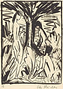 Standing, Sitting, and Bathing Girls near a Tree (Stehende, sitzendes und badendes Madchen am Baum)