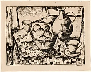 Still Life with a Bowl of Fruit on a Checkered Tablecloth