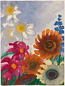 Sunflowers, Pink and White Dahlias, and a Blue Delphinium