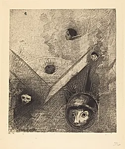Sur le fond de nos nuits dieu de son doigt savant dessine un cauchemar multiforme et sans treve (On backdrop of our nights God with His knowing finger traces a multiform implacable nightmare) by Odilon Redon