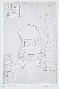 Table and Chair with Picture and Drapery
