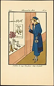 Tailleur de serge bleu foncé. Képi de paille