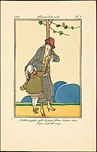 Tailleur pépita, gilet de piqué blanc, boutons dorés. Toque de paille rouge.