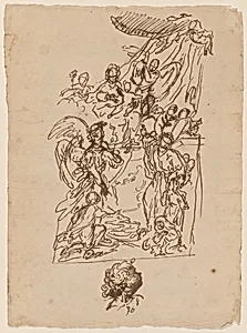 The Madonna and Child Seated on a Dais with Tobias and the Angel and a Saint Presenting Two Children