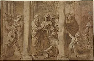The Miracle of the Lame Man Healed by Saint Peter and Saint John by Sir Peter Paul Rubens over Anonymous Italian after Parmigianino after Raphael