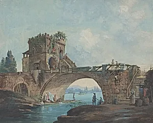 The Ponte Salario with Laundresses by French 18th Century after Hubert Robert