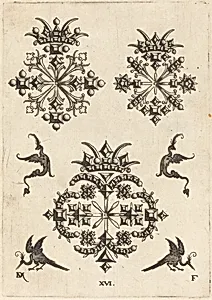 Three Brooches with Fantasy Birds at Left, Right, and Bottom