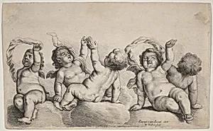Three Cherubs and Two Boys Each Raising One Arm on Clouds
