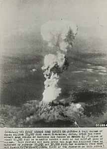 Title from caption on object: “First Atomic Bomb Bursts on Japan”