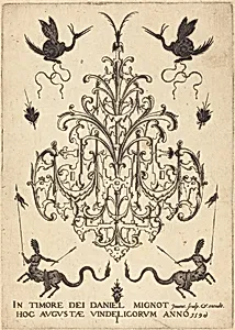 Title-Page: Brooch, Snail-like Animals  Above, Centaurs with Banners at Bottom