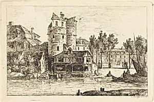 Town on a River Bank with Two Round Towers