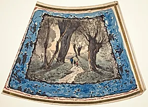 Travelers on a Wooded Path with a Border of Whimsical Figures and Monkeys
