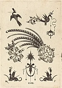 Two Brooches with Bird and Winged Snake at Top and Griffins with Vases at Bottom