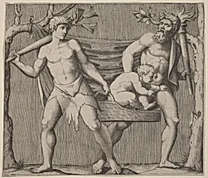 Two Fauns Carrying a Child by Marcantonio Raimondi