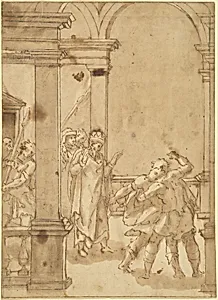 Two Figures Struggling before a King