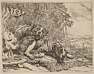 Two Mastiffs beside a Fountain