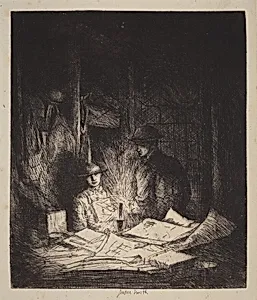 Untitled (An Officer Reading Dispatches in Candle-Lit Barracks, World War I)