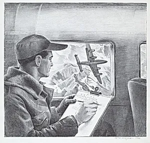 Untitled (Engineer Making Notes on Plans as he Watches Bomber Maneuvering Over Mountains)