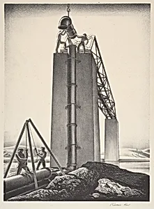 Untitled (Laying Pipe Section Over a Bridge)