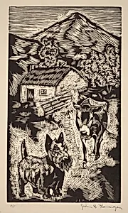 Untitled (Scottie and Cow Near Cottage in Hilly Landscape, Ireland)