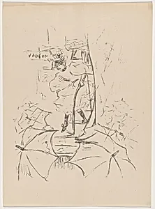 untitled (Woman descending onto a street of umbrellas)