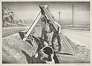Untitled (Workmen Lowering Pipe Section into a Ditch)