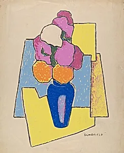 Untitled (Zinnias in a Blue Vase)