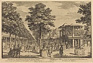Vauxhall Gardens shewing the Grand Walk at the Entrance of the Garden and the Orchestra with Musick Playing