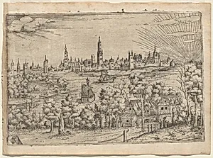 View across a River to a Walled City at Sunset