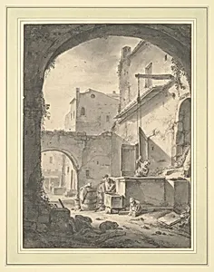 View into a Courtyard with a Family at a Well