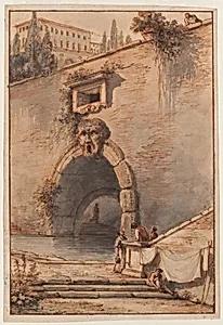 View of an Ancient Roman Bridge with a Mascaroon