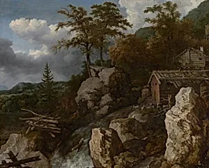 Waterfall with Log Cabins