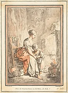Woman and Child before a Fireplace by Gilles-Antoine Demarteau after François Boucher
