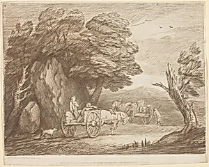 Wooded Landscape with Two Country Carts and Figures