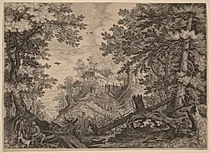 Woodland Scene with Two Hunters and a Dog to the Left