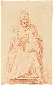 Young Woman Sewing with a Dog Resting on Her Lap