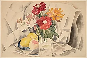 Zinnias and a Blue Dish with Lemons