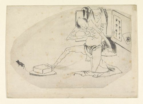 Man in lendendoek, een doos en een muis by Katsushika Hokusai