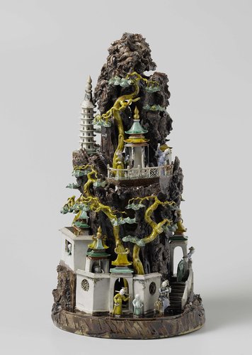 Figure of a rock with pavillions, figures and trees by anonymous